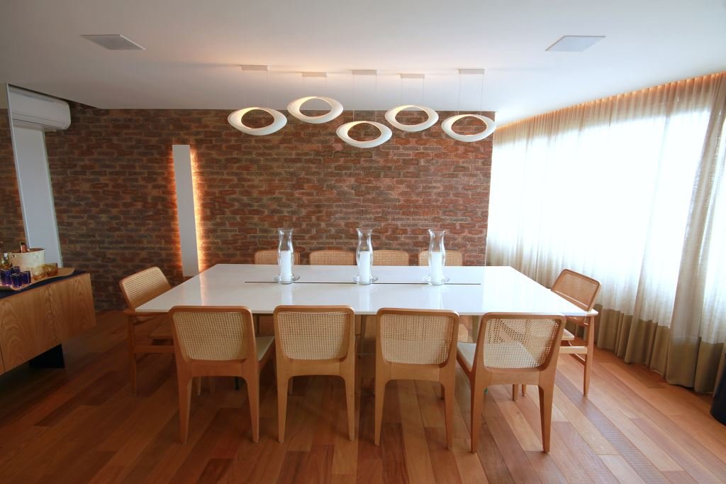 parede tijolinho, sala jantar, casa casada